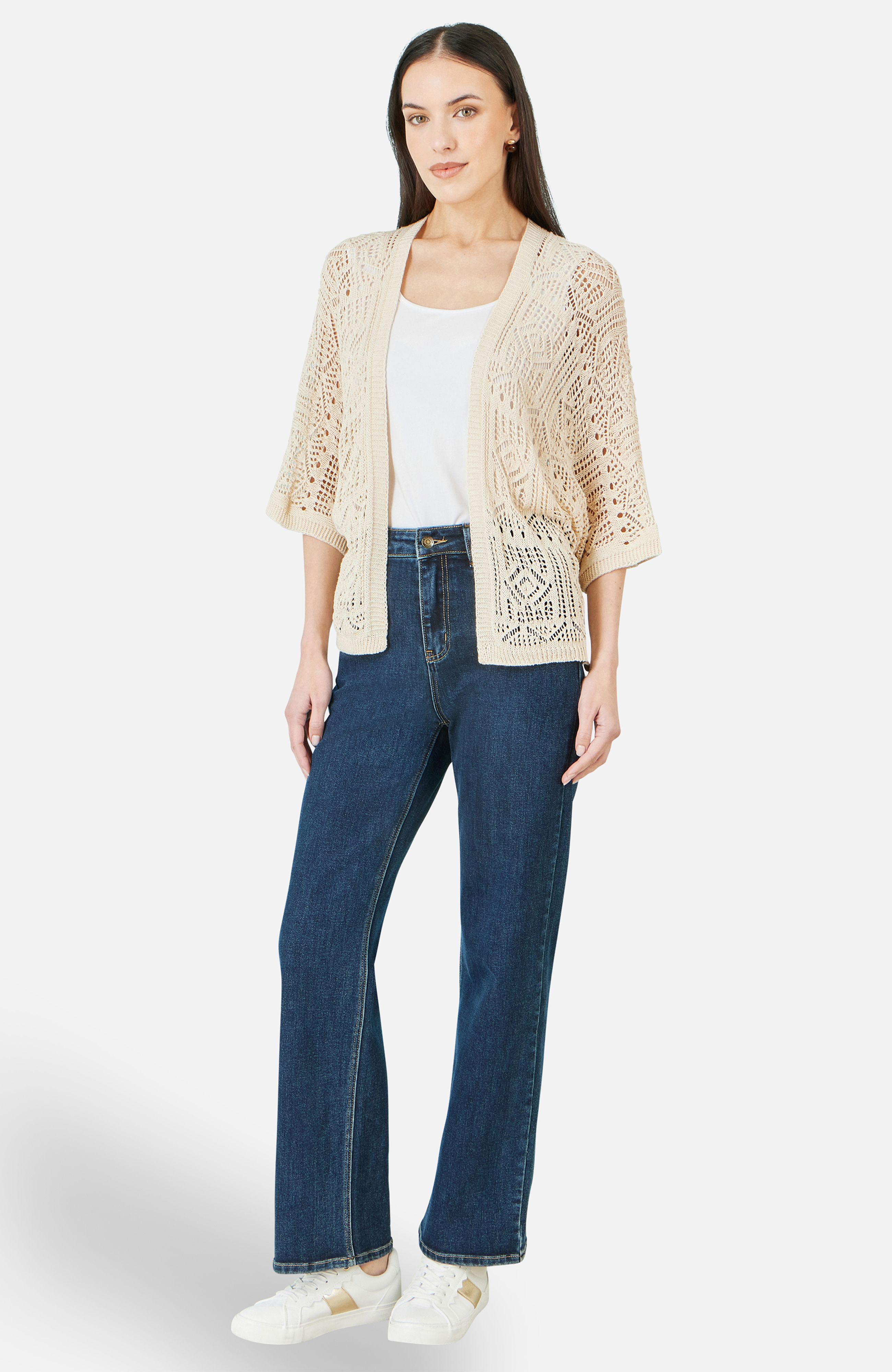 Yumi Ivory Crochet Edge To Edge 3/4 Sleeve Cardigan