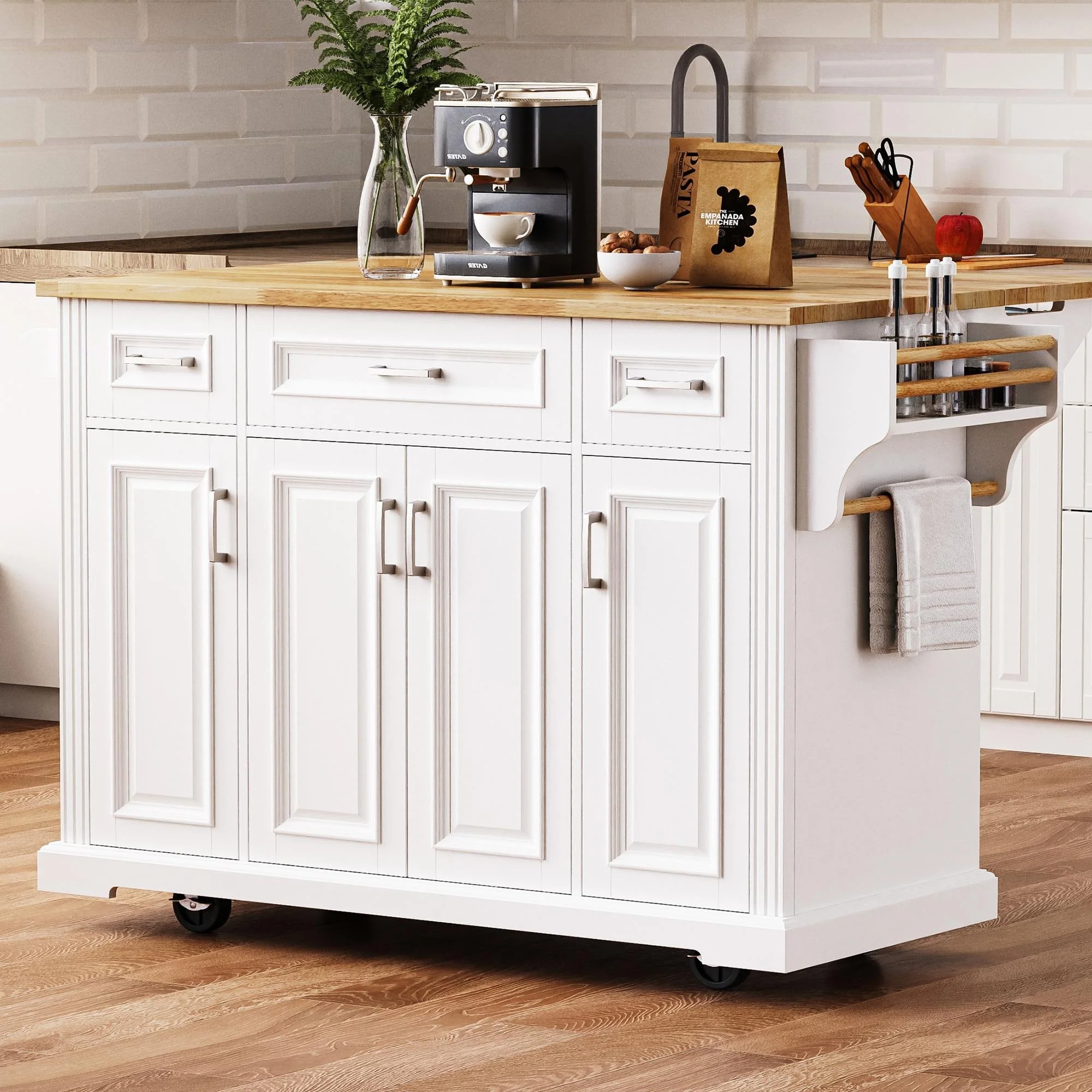 Large Kitchen Island with Wood Drop Leaf, Embossed Texture Rolling Kitchen Cart wDoors and Drawers wStorage for Kitchen, White
