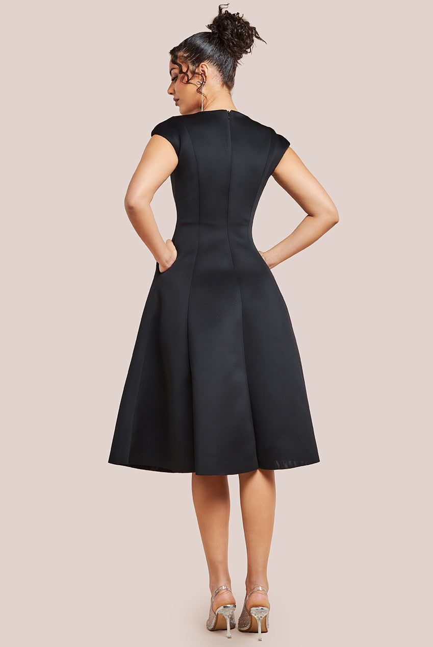 Goddiva Cap Sleeve Plunging V Neckline A-line Midi Dress