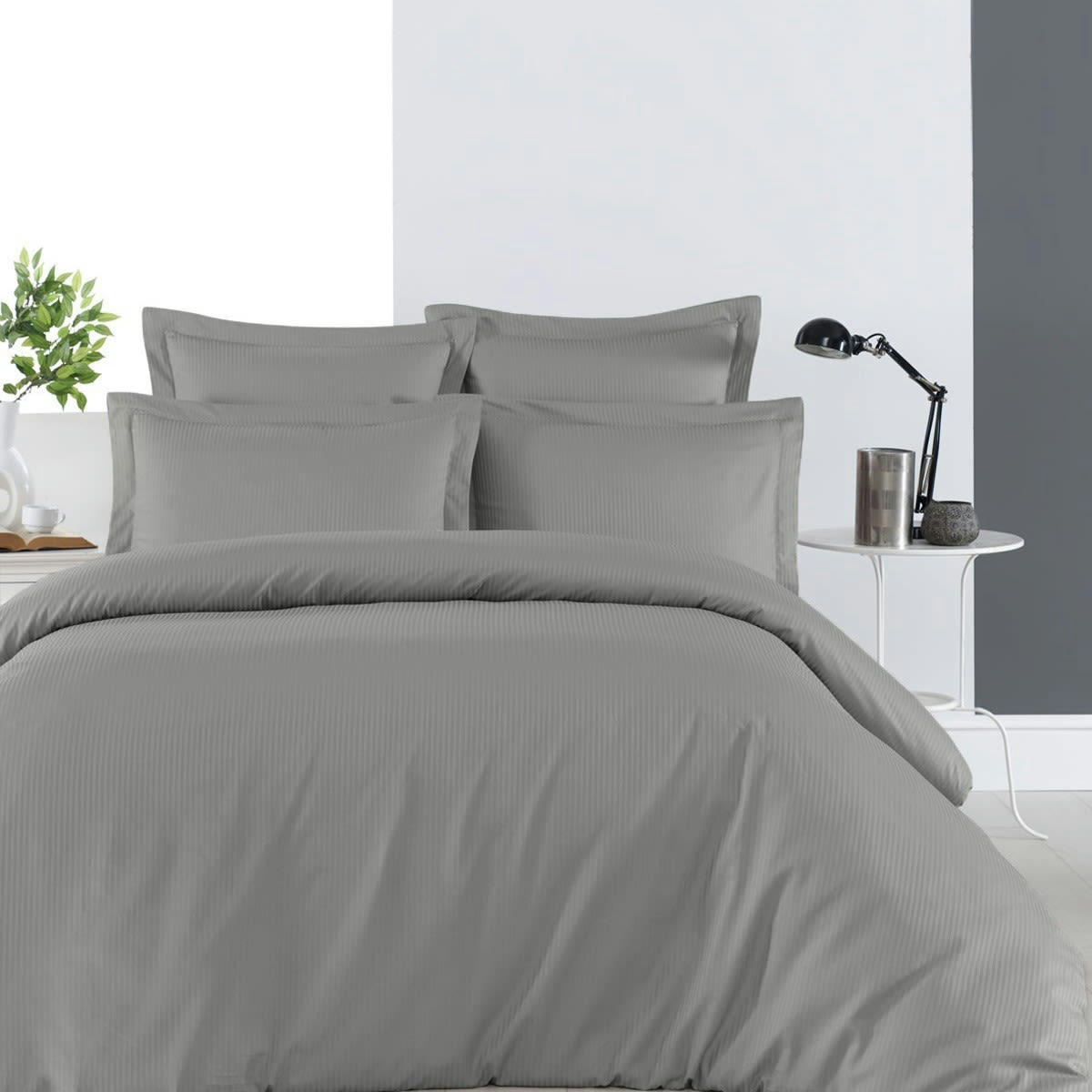 VERSAILLES - Housse de couette rayée réversible en satin d gris acier 200x200 cm