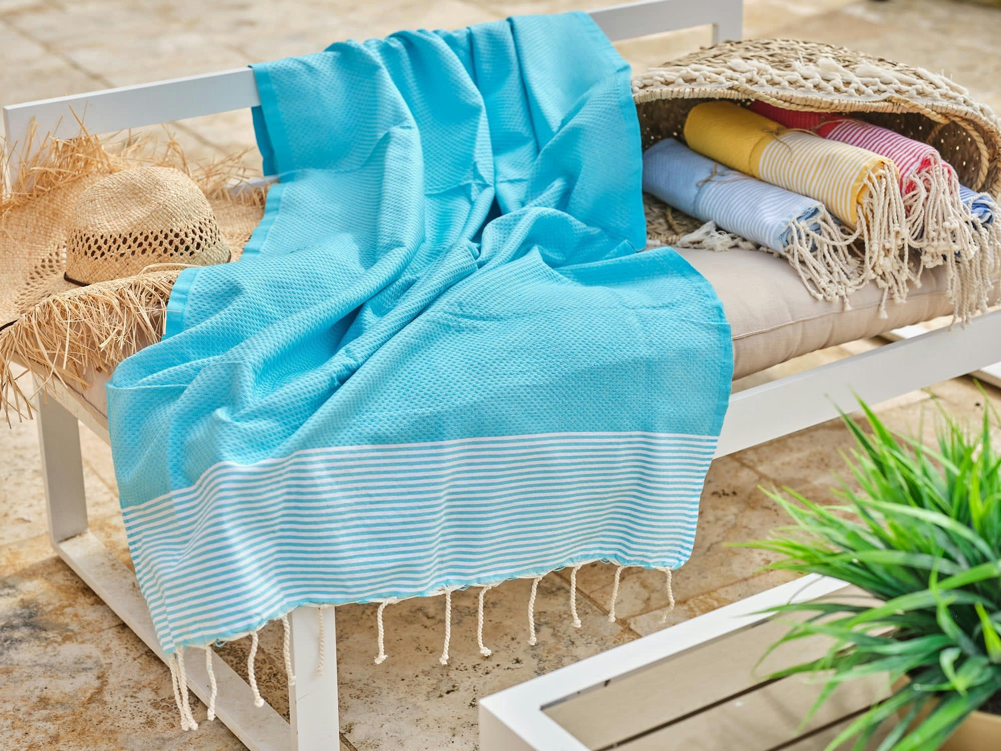 - Fouta en coton tissage nid d'abeille  100x200cm turquoise