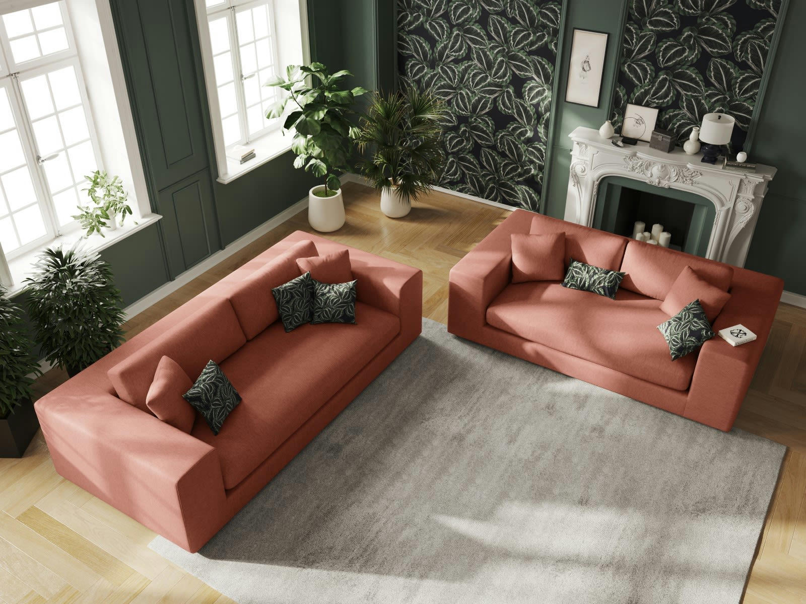 TENDANCE - Canapé 4 places en tissu structuré rouge