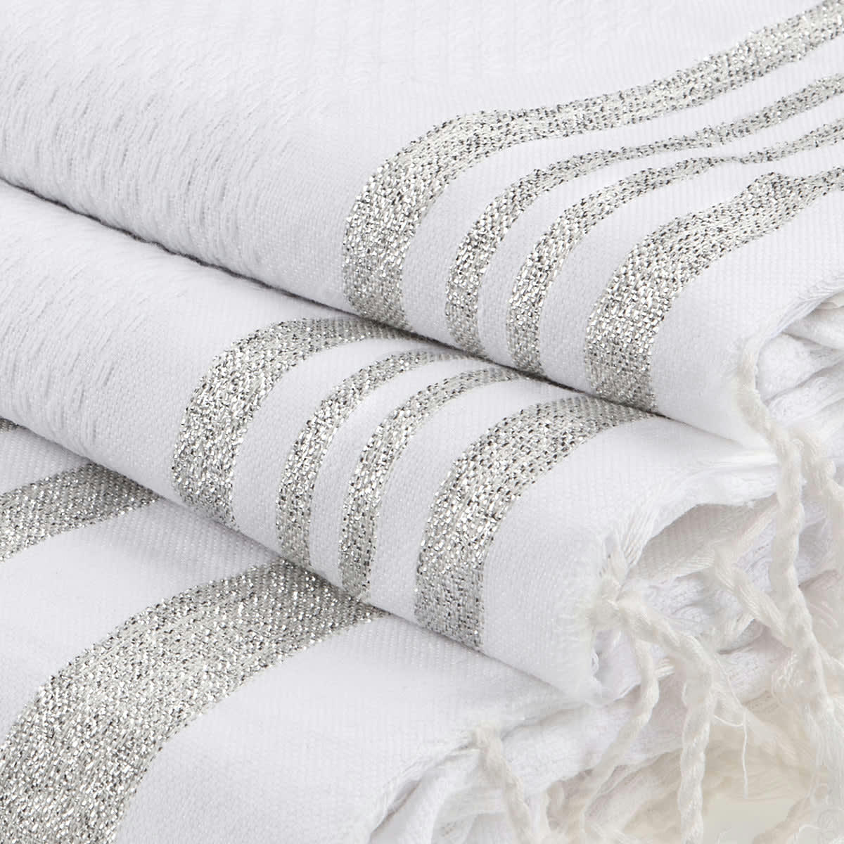 HAMPTONS - Set bain, 1 fouta + 2 serviettes coton  100x200 blanc / argent