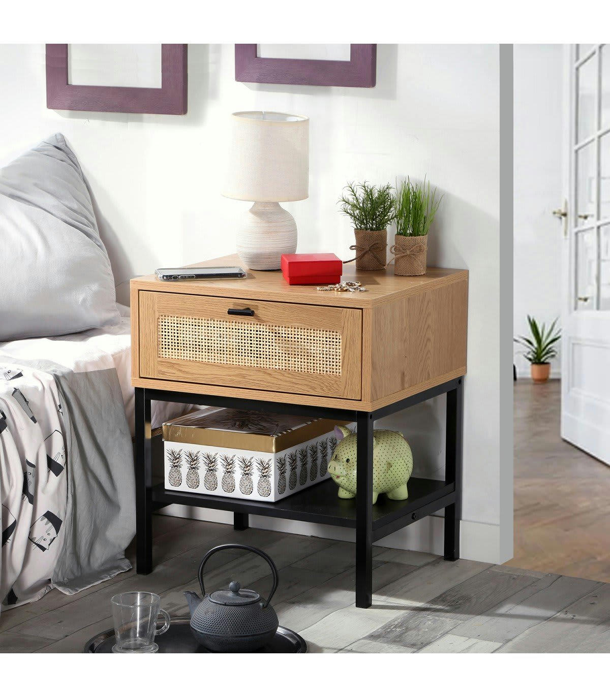 JAYA - Table de chevet 1 tiroir et façade en rotin