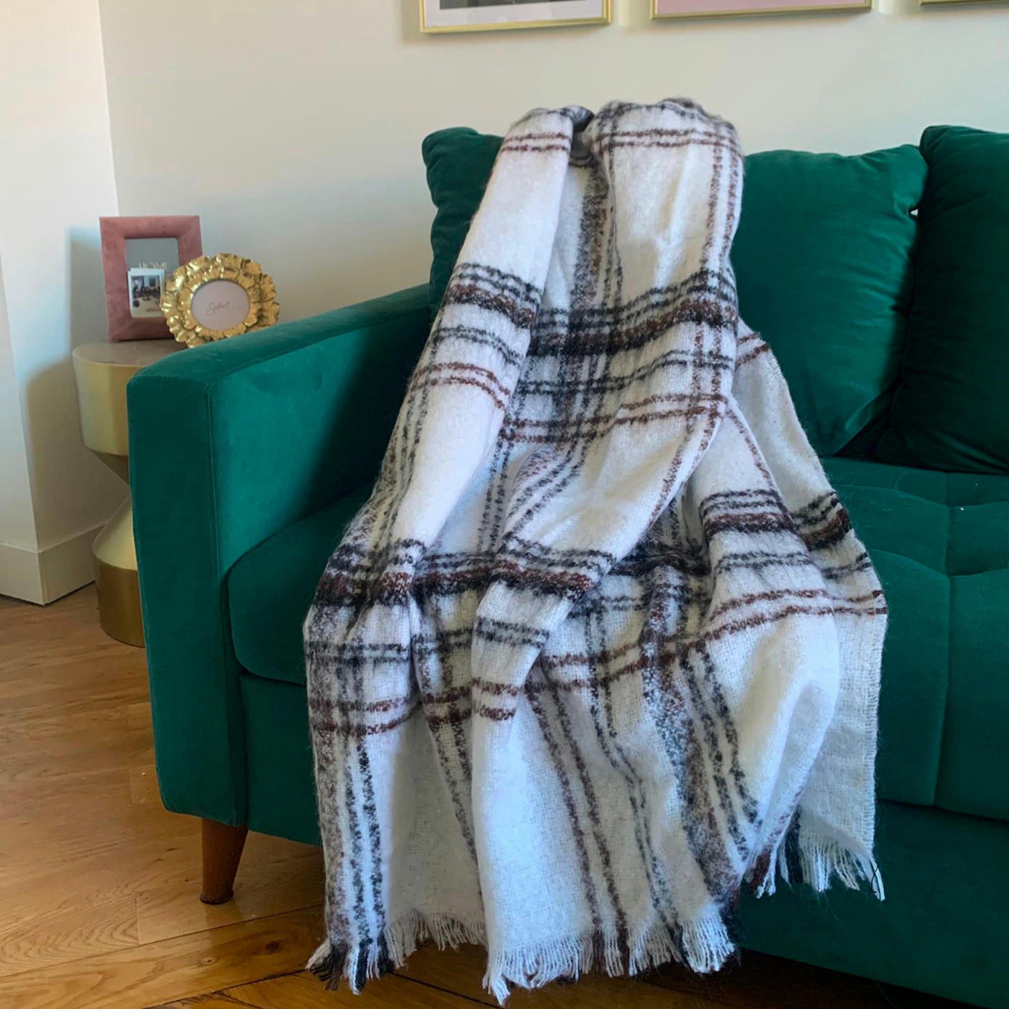 CARREAUX 20% MOHAIR - Plaid carreaux 20% mohair blanc 120x180cm