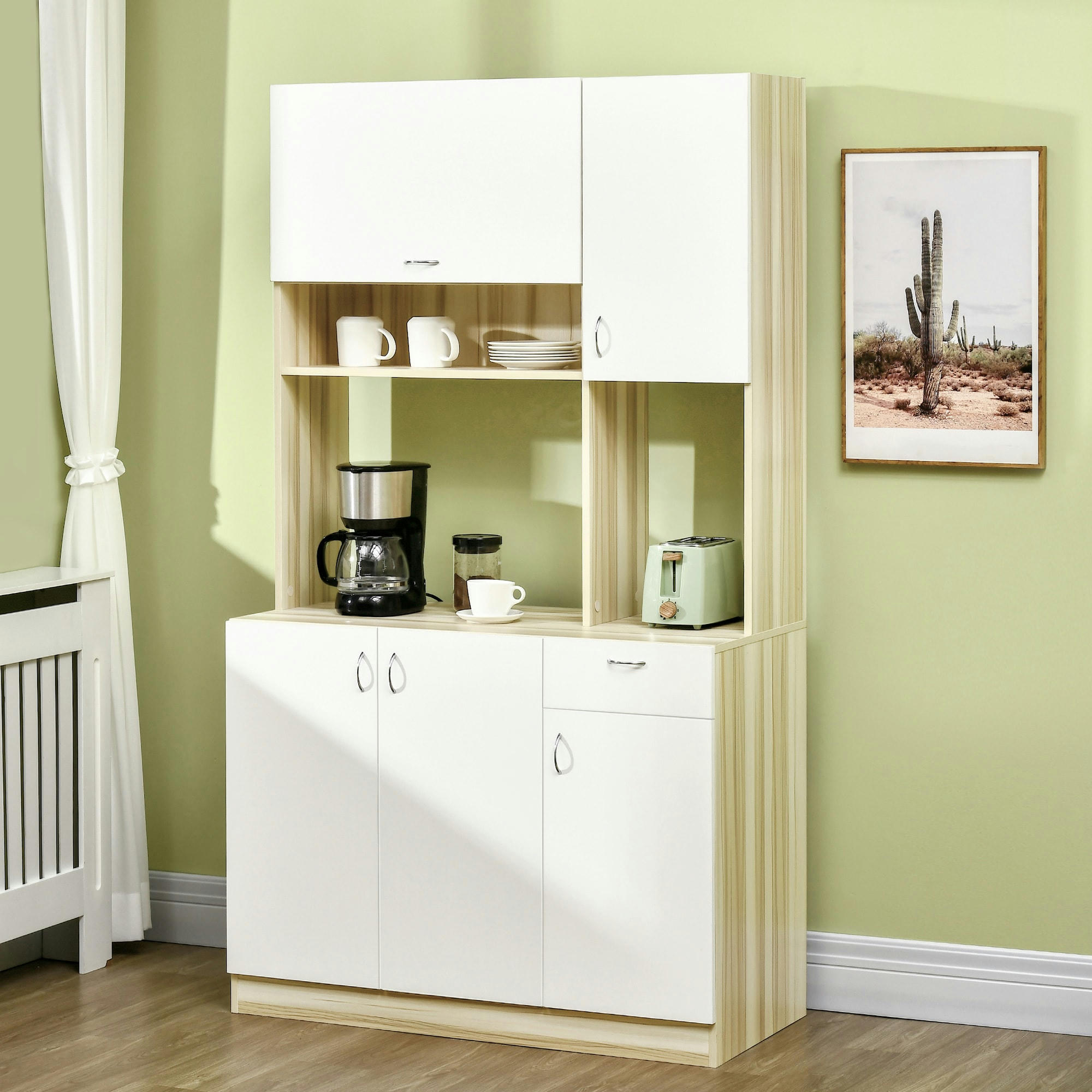 - Buffet haut - 5 portes, tiroir, 3 niches - blanc aspect bois clair