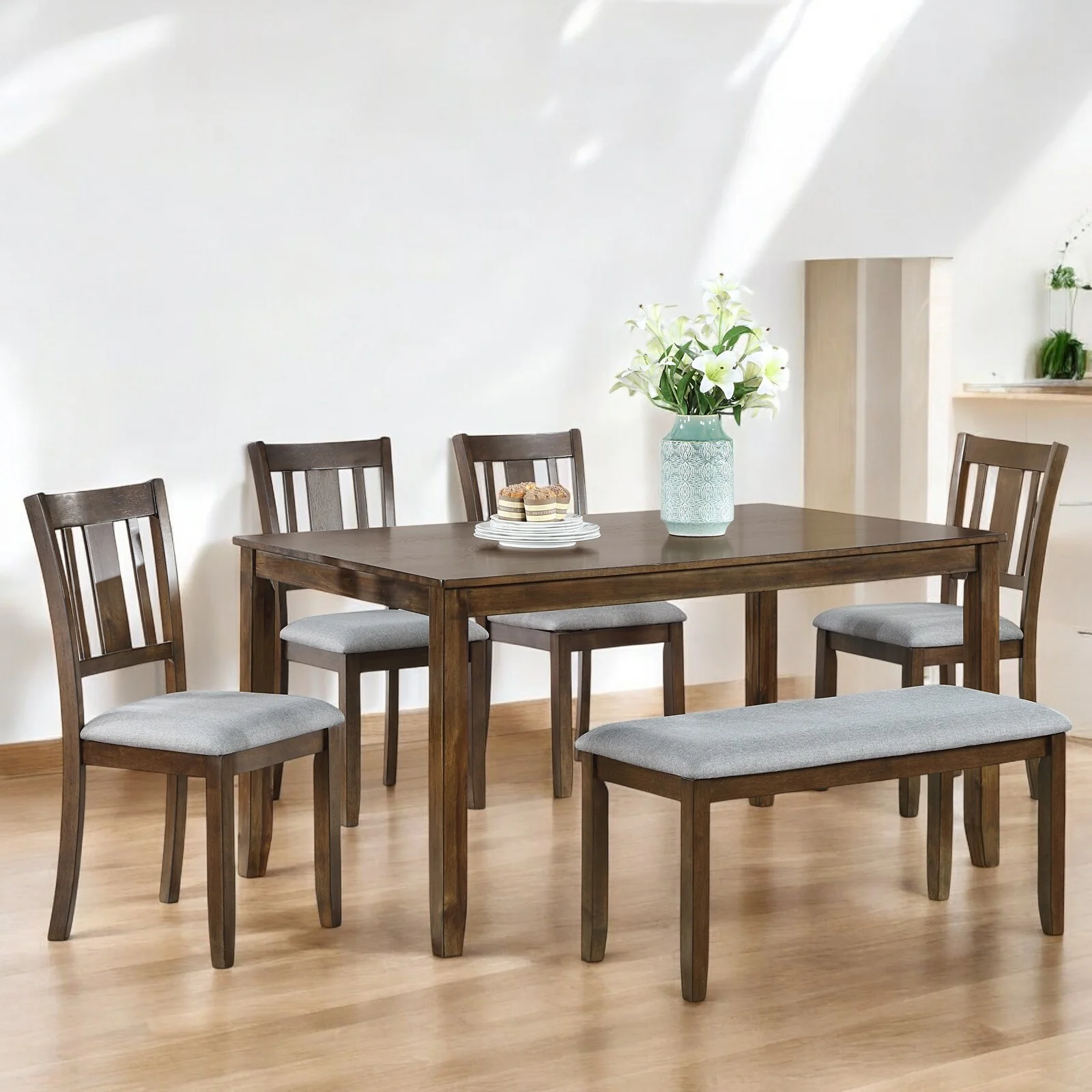 6-Piece Wooden Dining Table Set with 4 Upholstered Chairs and Bench, Acacia Wood, Modern Dining Set for Kitchen, Dining Room