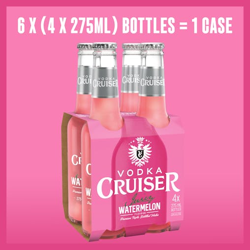 Vodka Cruiser Juicy Watermelon, Refreshing Flavoured Pre-Mixed Vodka Drink, 4.6% ABV, 275mL (Case of 24 Bottles)