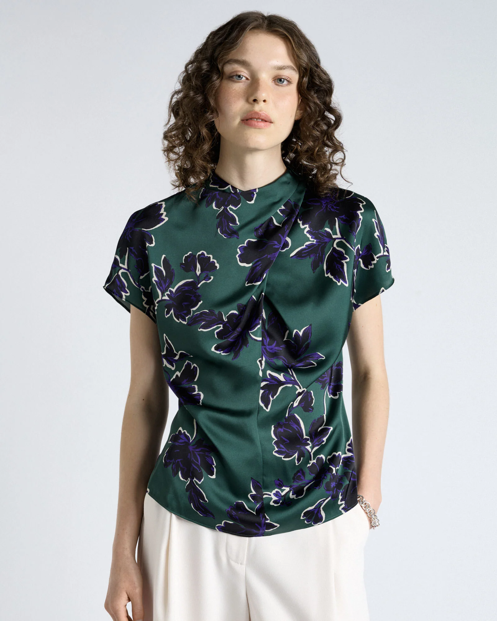Brushwork Floral Twist Neck Top