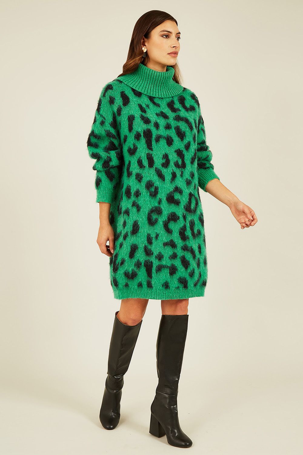 Yumi Green Animal Roll Neck Knitted Dress