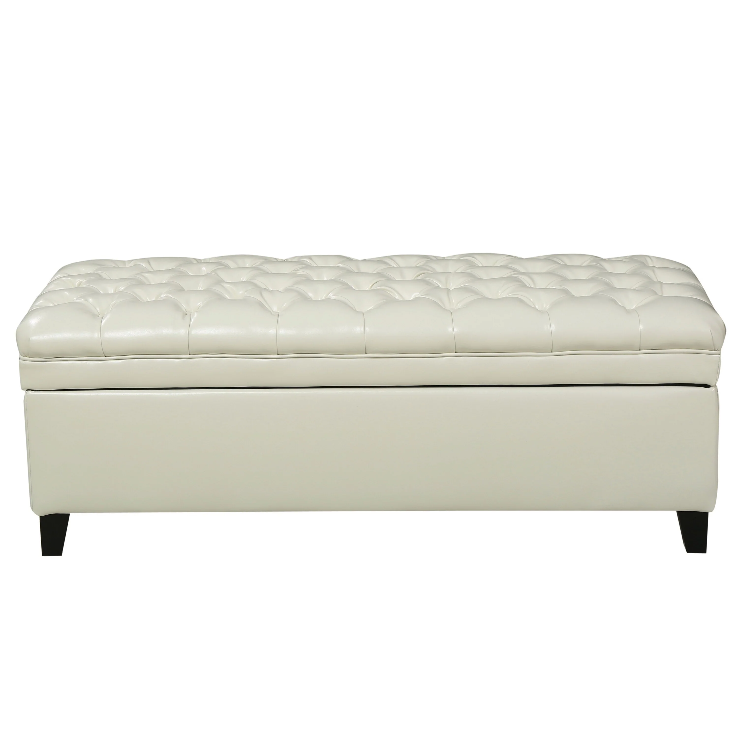 Rhya Storage Ottoman Bench, Ivory Faux Leather, Brown Wood, 50 Inch