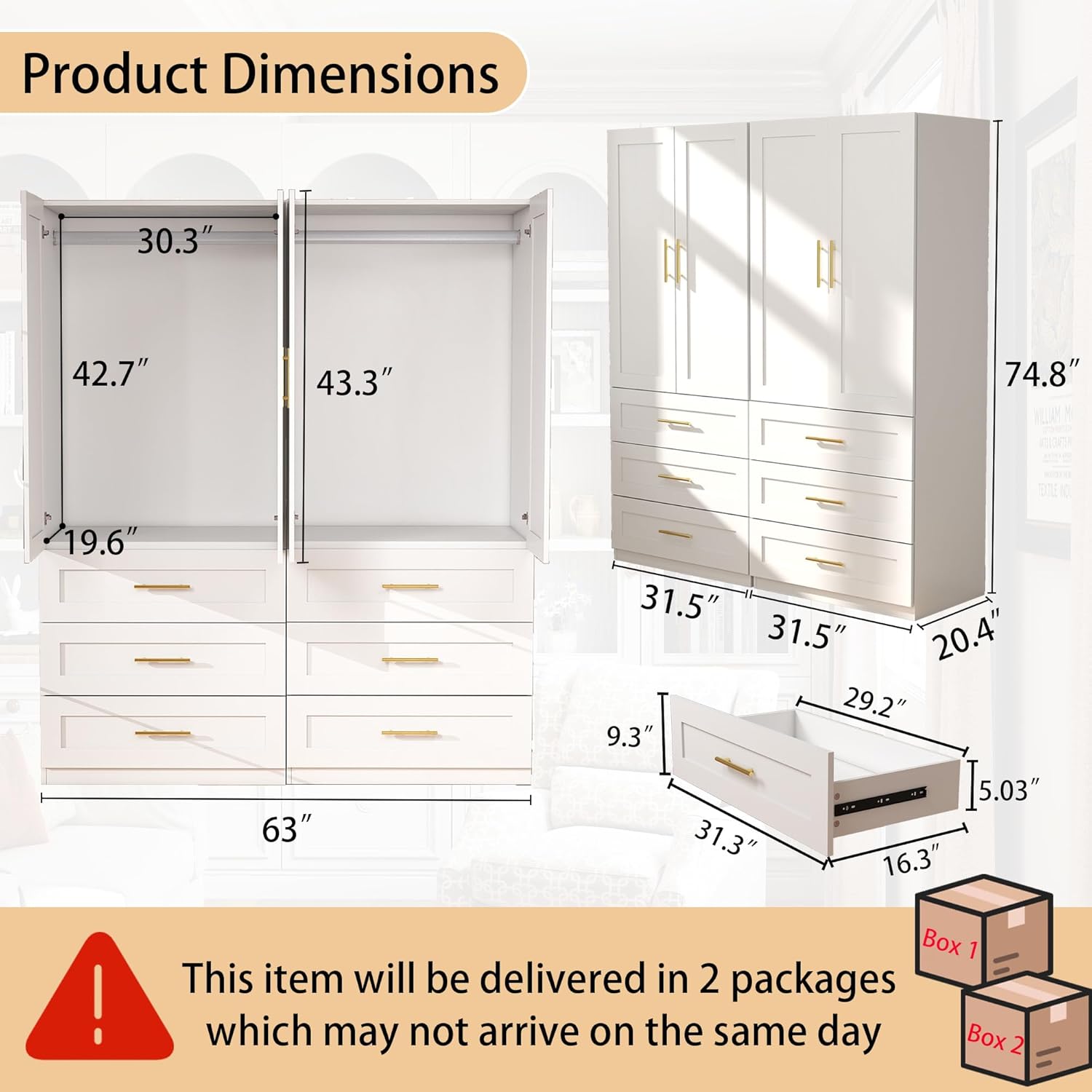White Wardrobe with 4 Doors: 75 Tall Armoire Wardrobe Closet with 6 Drawers, Bedroom Closet Cabinet for Hanging Clothes, Wooden Storage Armoire with Shelves (Modern, 2)