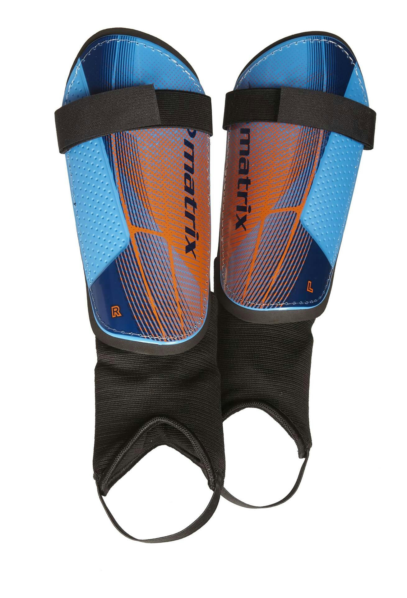 Matrix Junior Kids' Soccer Shin Guards w/ Adjustable Elastic Straps, Blue/Orange