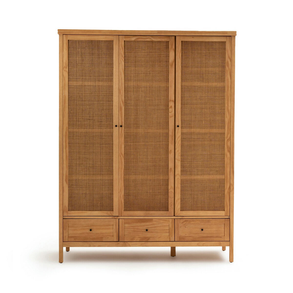 Armoire 3 portes pin massif et cannage, Gabin