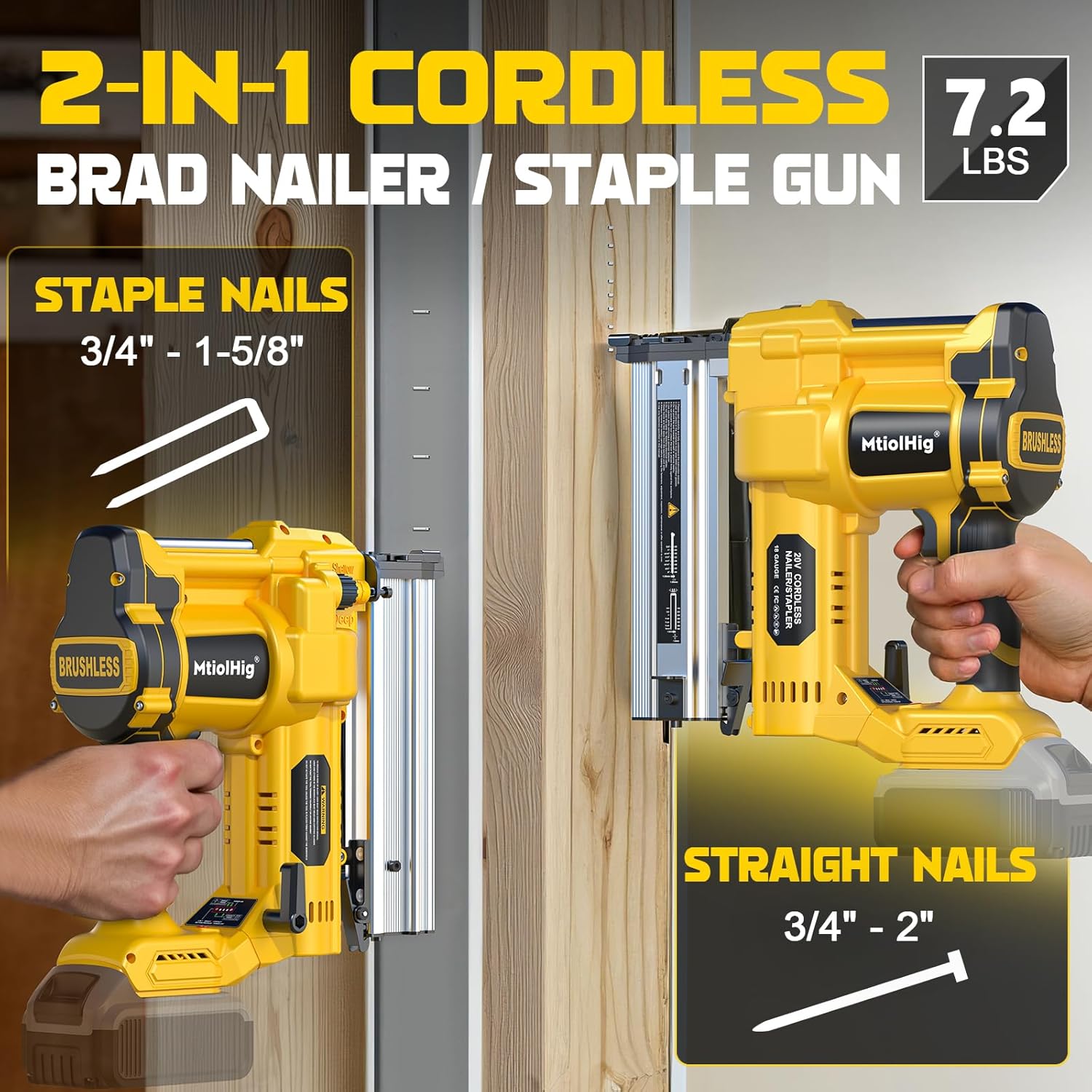 Cordless 2 Brad Nailer Compatible with Dewalt 20V Battery (No Battery), 2-in-1 Electric Nail Gun/Staple Gun, 18 Gauge Nail Gun Battery Powered with 1000 Nails for Wood Carpentry, 7.2LB