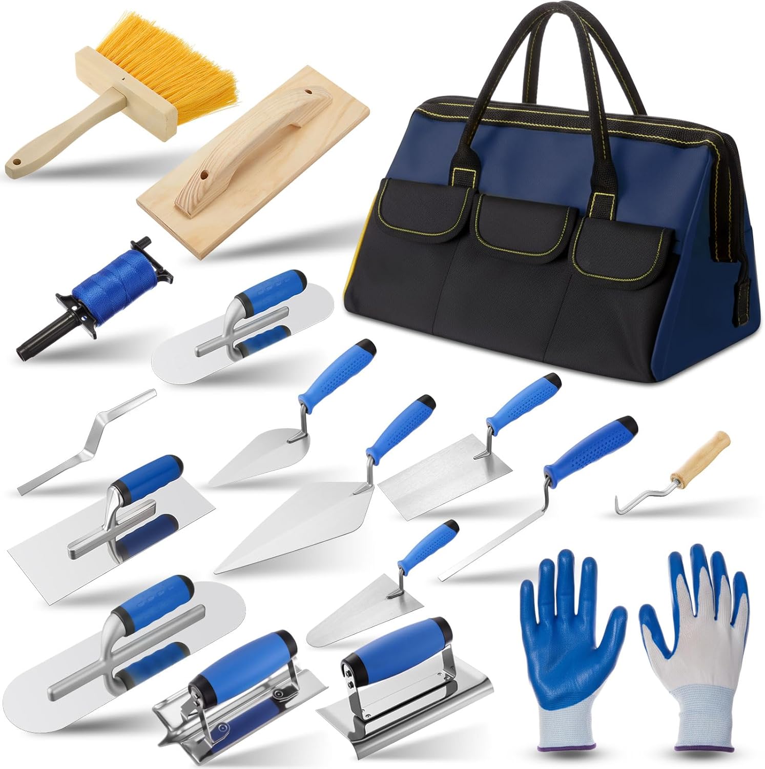 SiliFine 18 Pcs Masonry Trowel Construction Tool Kit with Tool Bag, Includes Putty Knives, Gloves Rebar Hooks, Stainless Steel Tools for Home, DIY, Concrete Masonry Work(Blue)