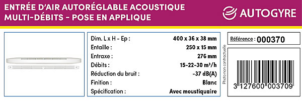 Entrée d'air avec moustiquaire multi débit Autogyre blanche 40 cm