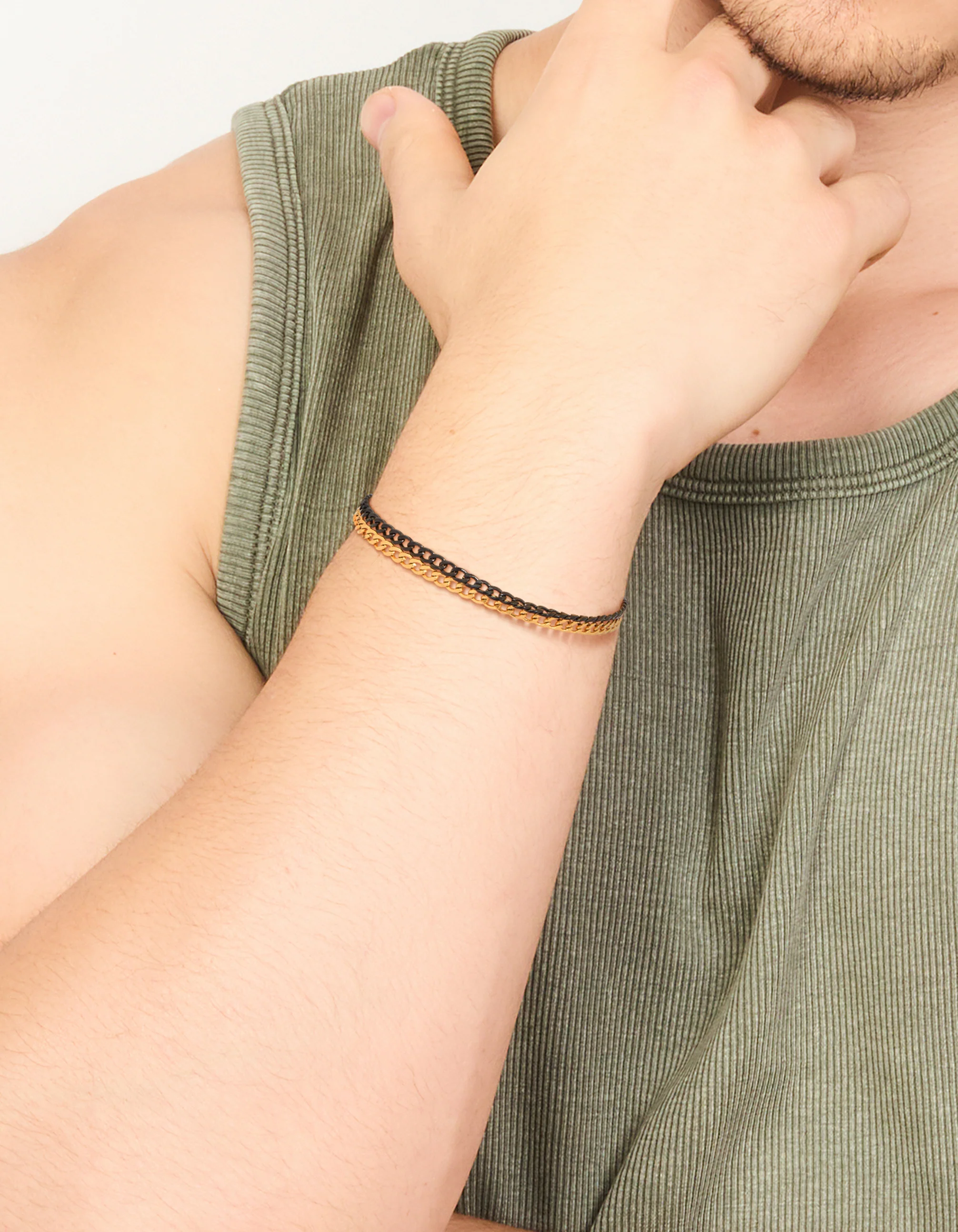 Mens Waterproof Gold Plated Stainless Steel & Black Coated Metal Double Chain Bracelet