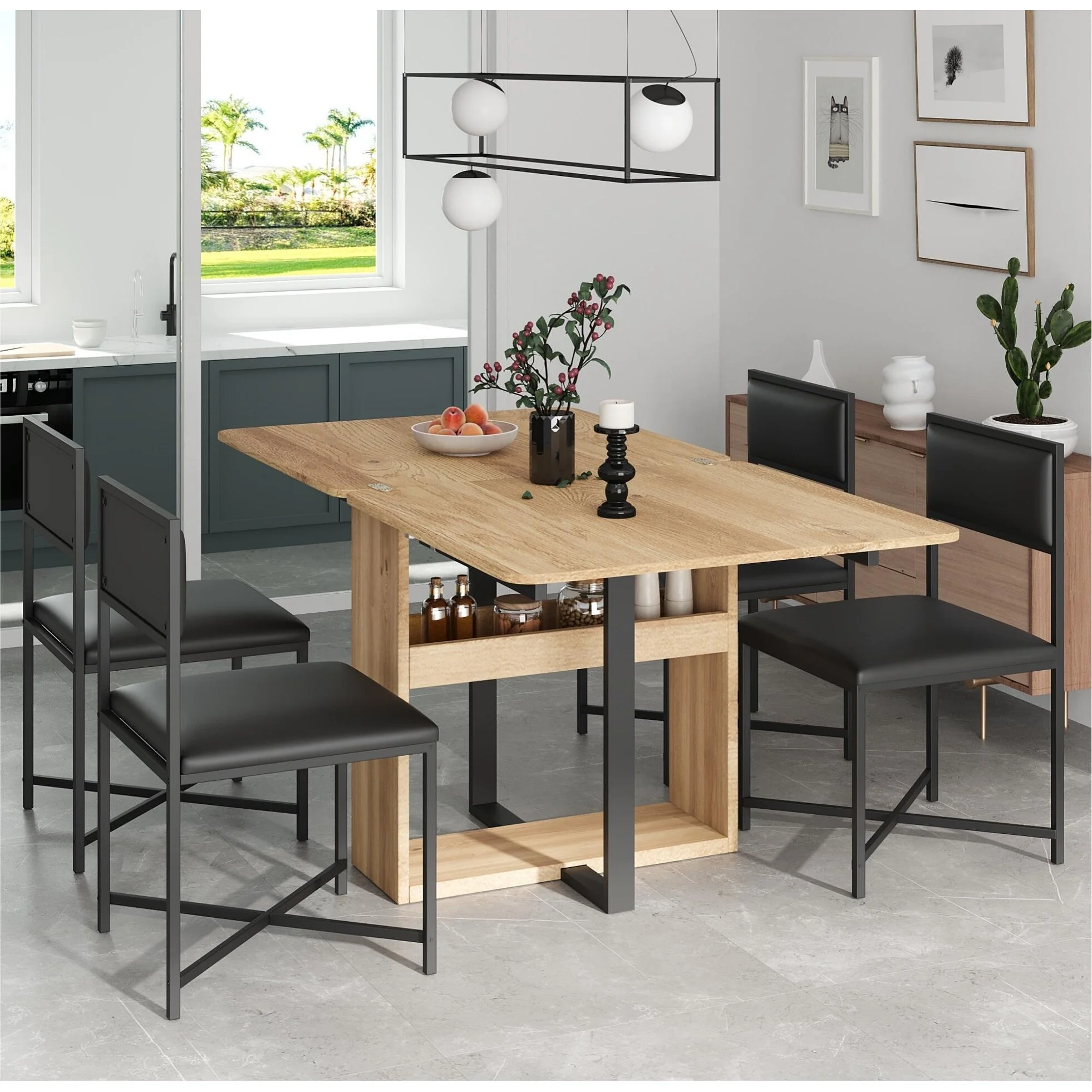 Extendable Dining Table Set for 4，Modern Compact Dining Set w/Foldable Dining Table