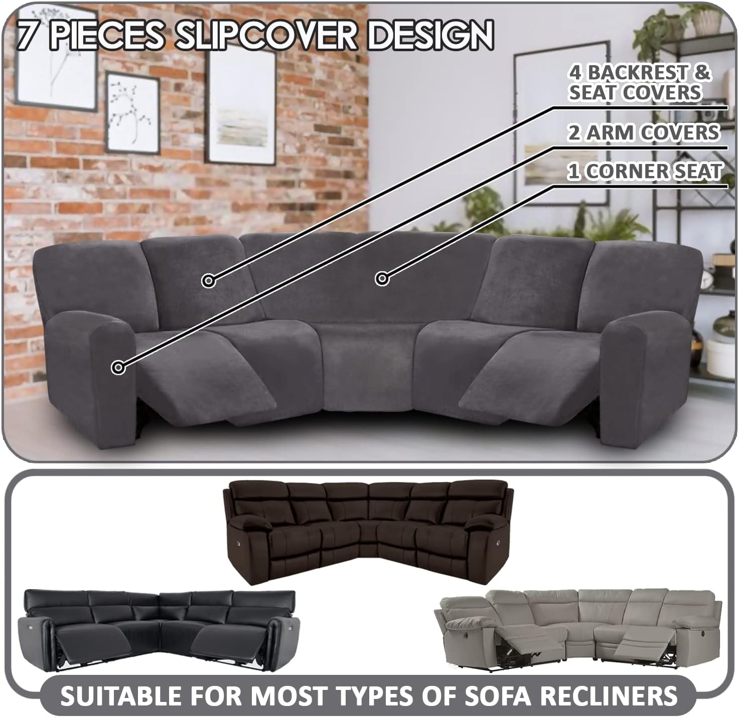 ULTICOR 7-Piece Sectional Sofa Covers, Velvet Stretch Reclining Couch Covers for Reclining L Shape Sofa, Thick, Soft, Washable (Dark Grey, 5 Seat Recliner Cover)