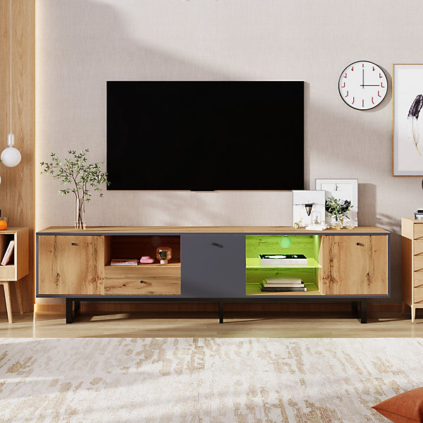 Meuble TV avec Séparation en Verre et éclairage LED - design Bicolore Bois et Gris Anthracite, Contemporain, 190x40x50 cm