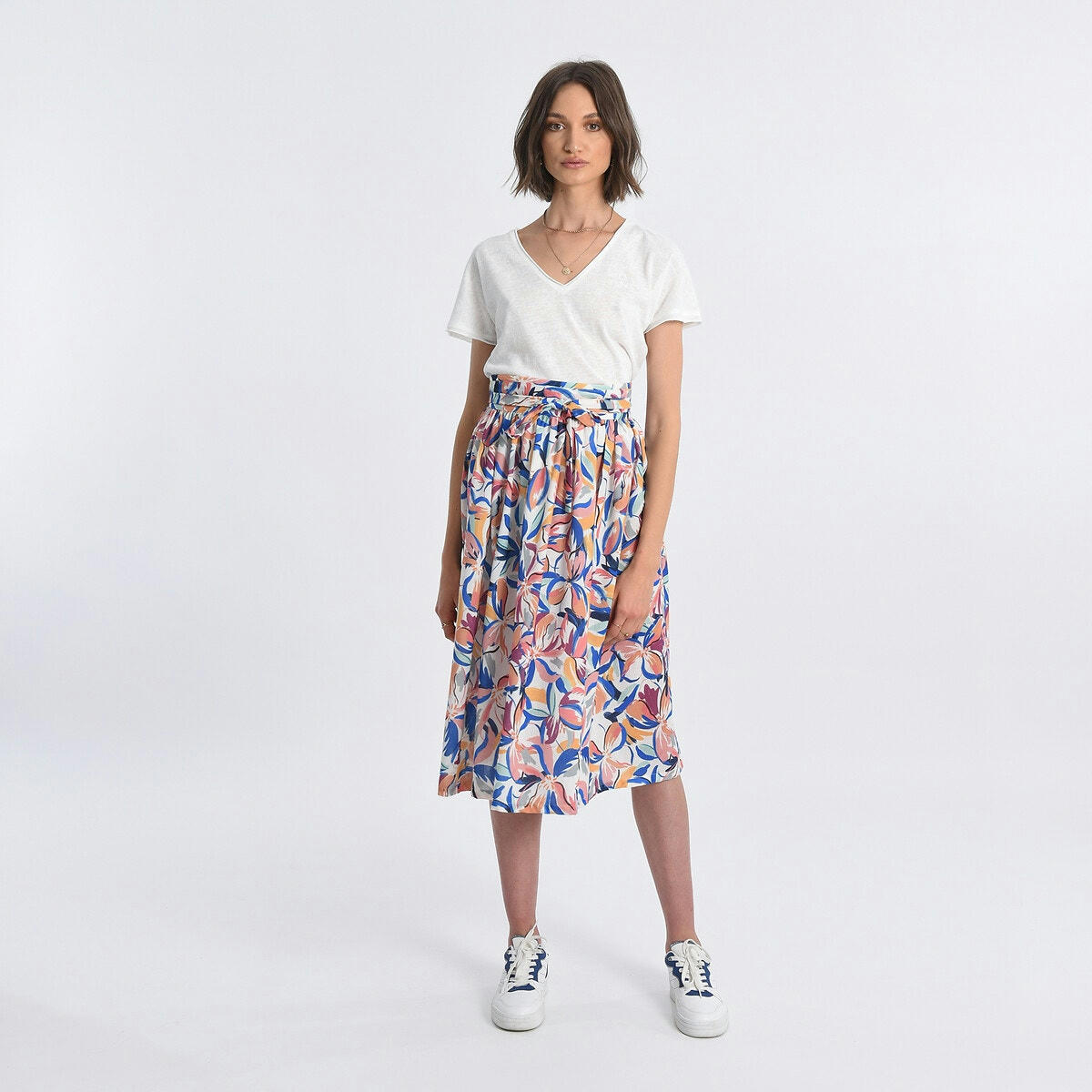 Jupe midi imprimé floral avec nœud devant