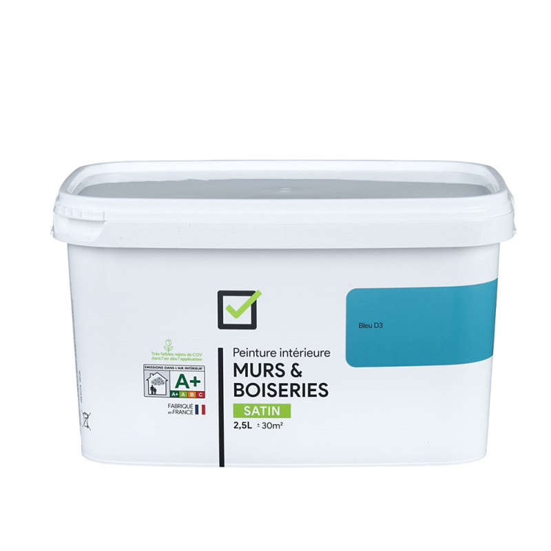 Peinture pour murs et boiseries bleu D3 satiné 2,5 L