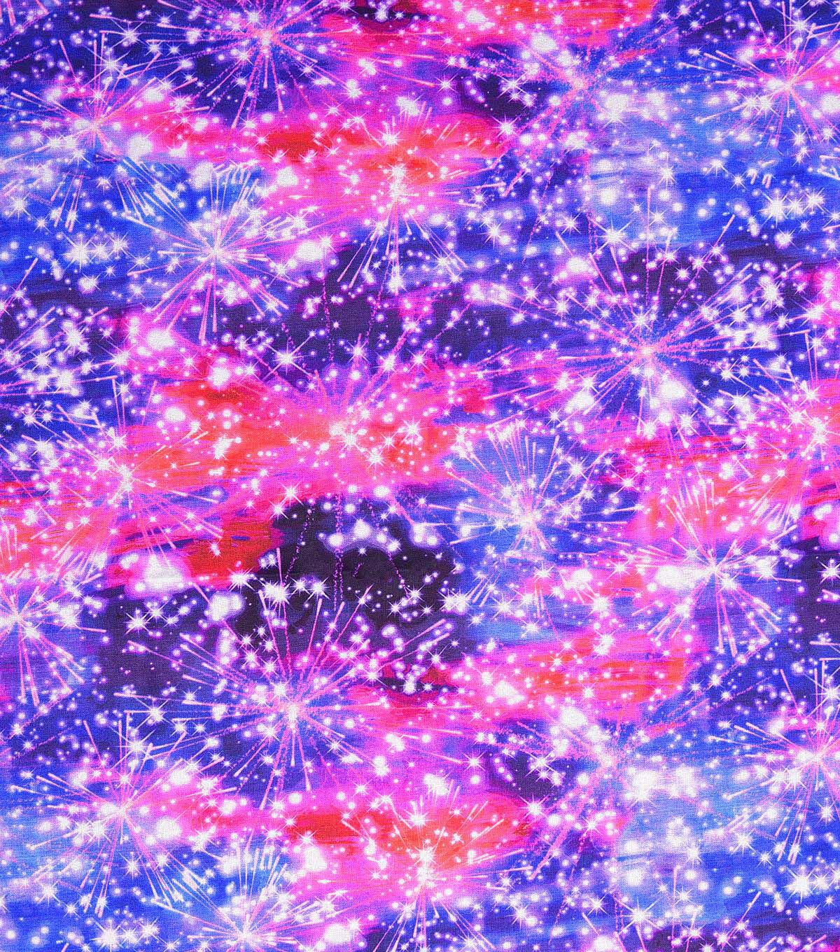 Pink & Blue Night Sky Fireworks Patriotic Cotton Fabric