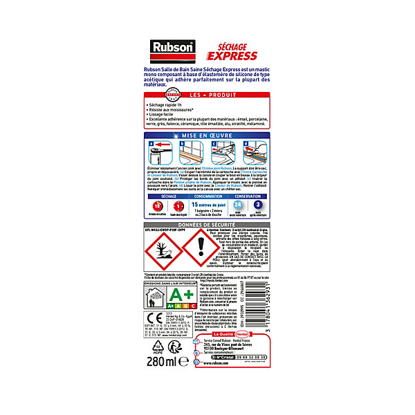 Mastic silicone transparent salle de bain saine séchage express 280 ml Rubson