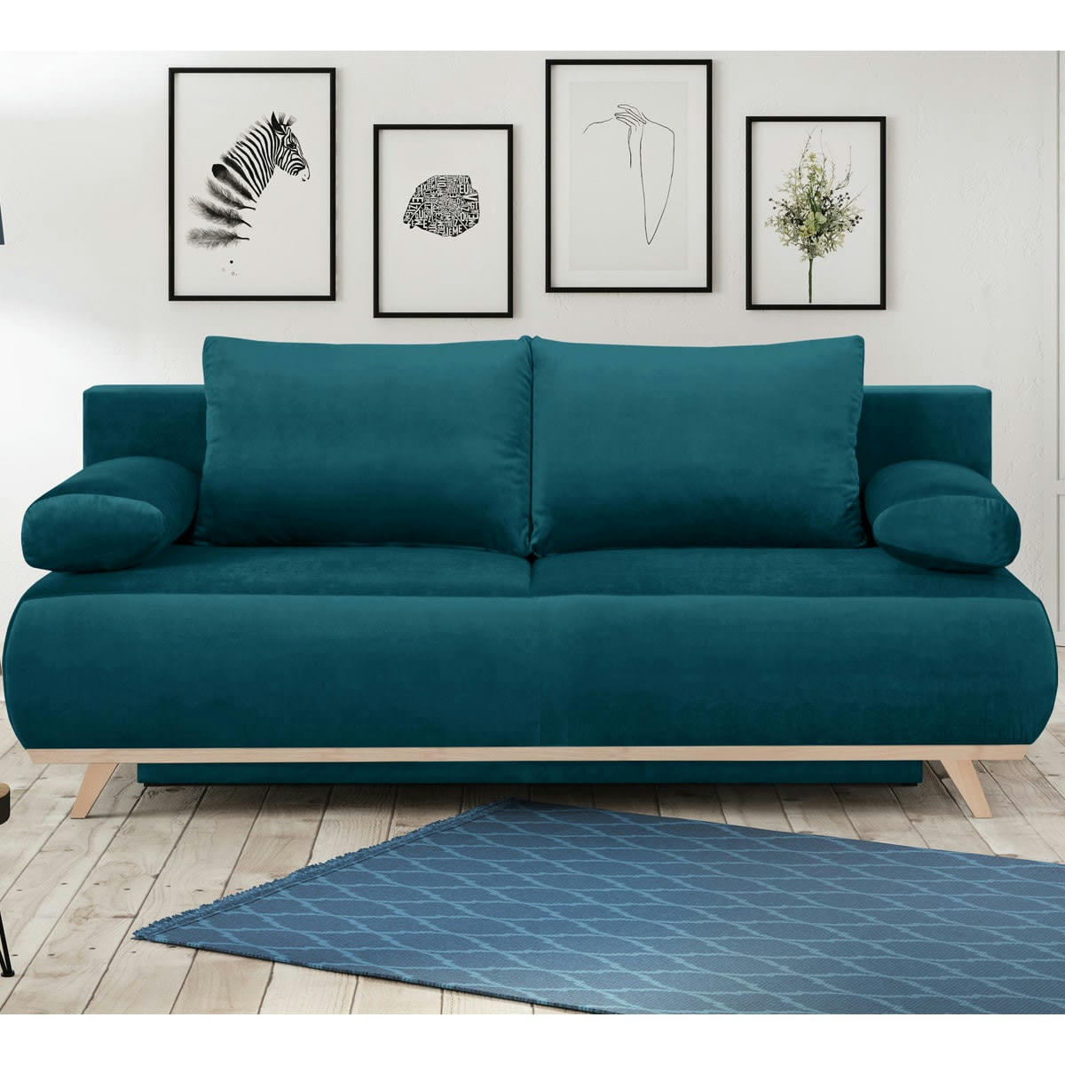 LARIA - Canapé convertible 3 places avec coffre de rangement bleu canard