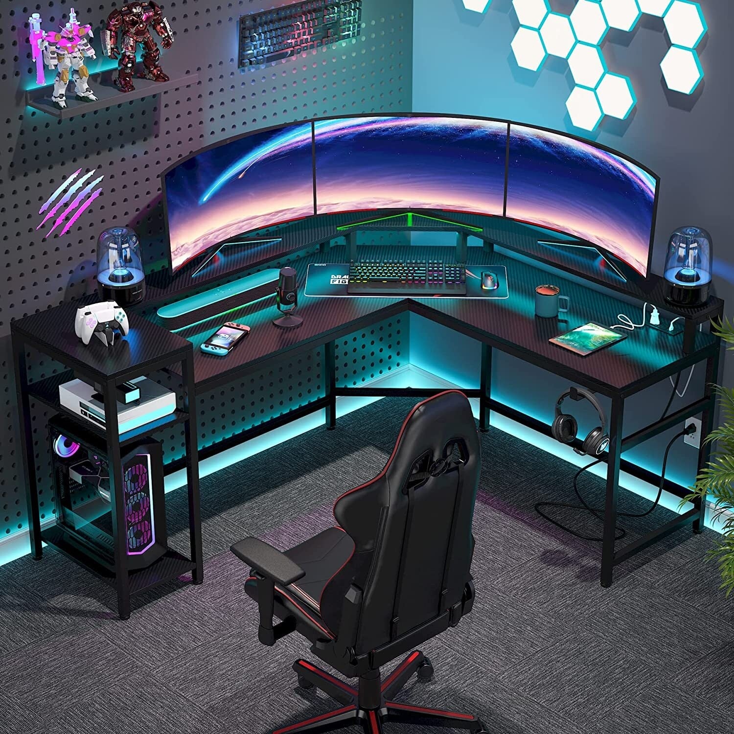 L-Shaped Gaming Desk with Power Outlets & LED Strips, Storage Shelf