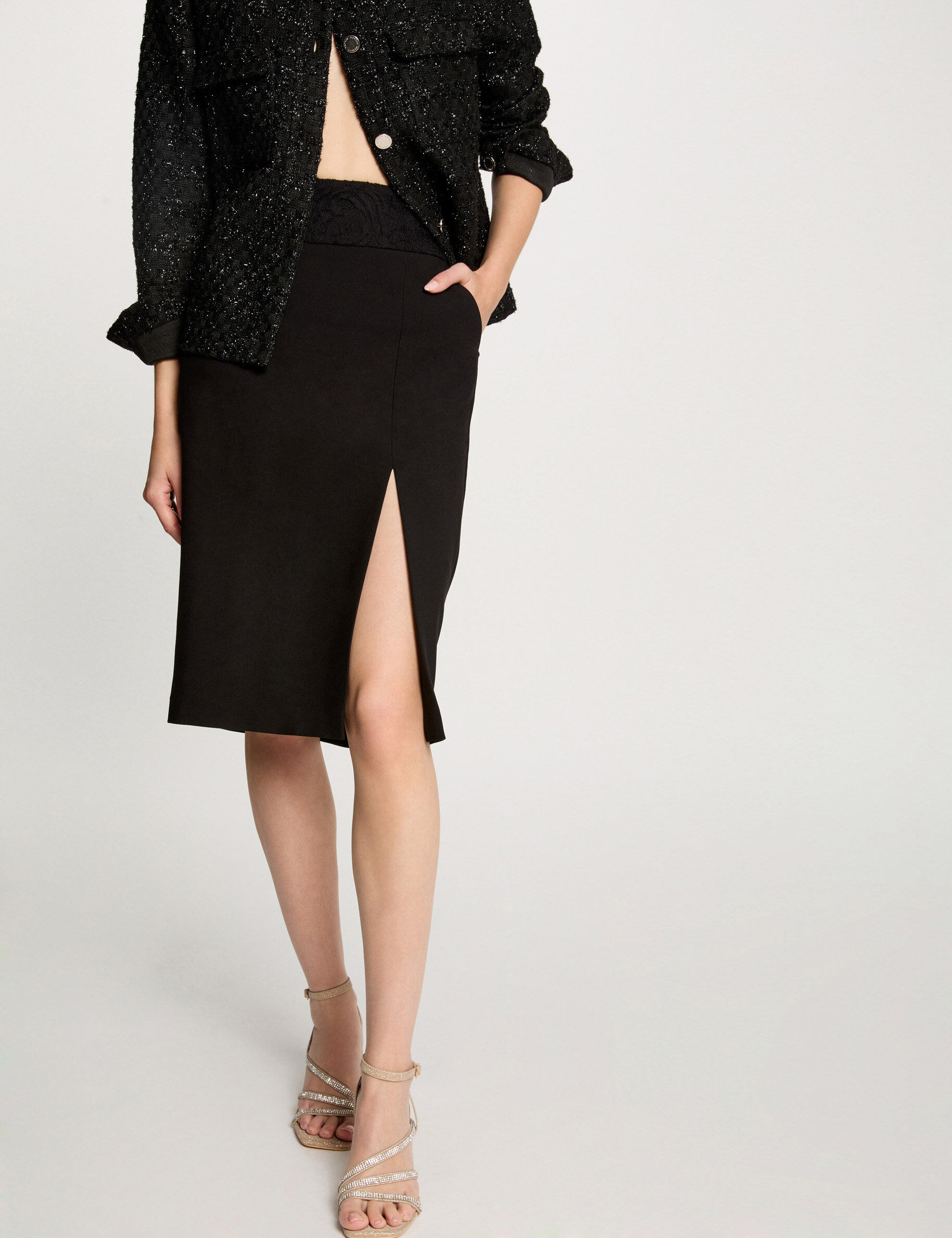 Pencil Skirt Lace Waistline Black Women