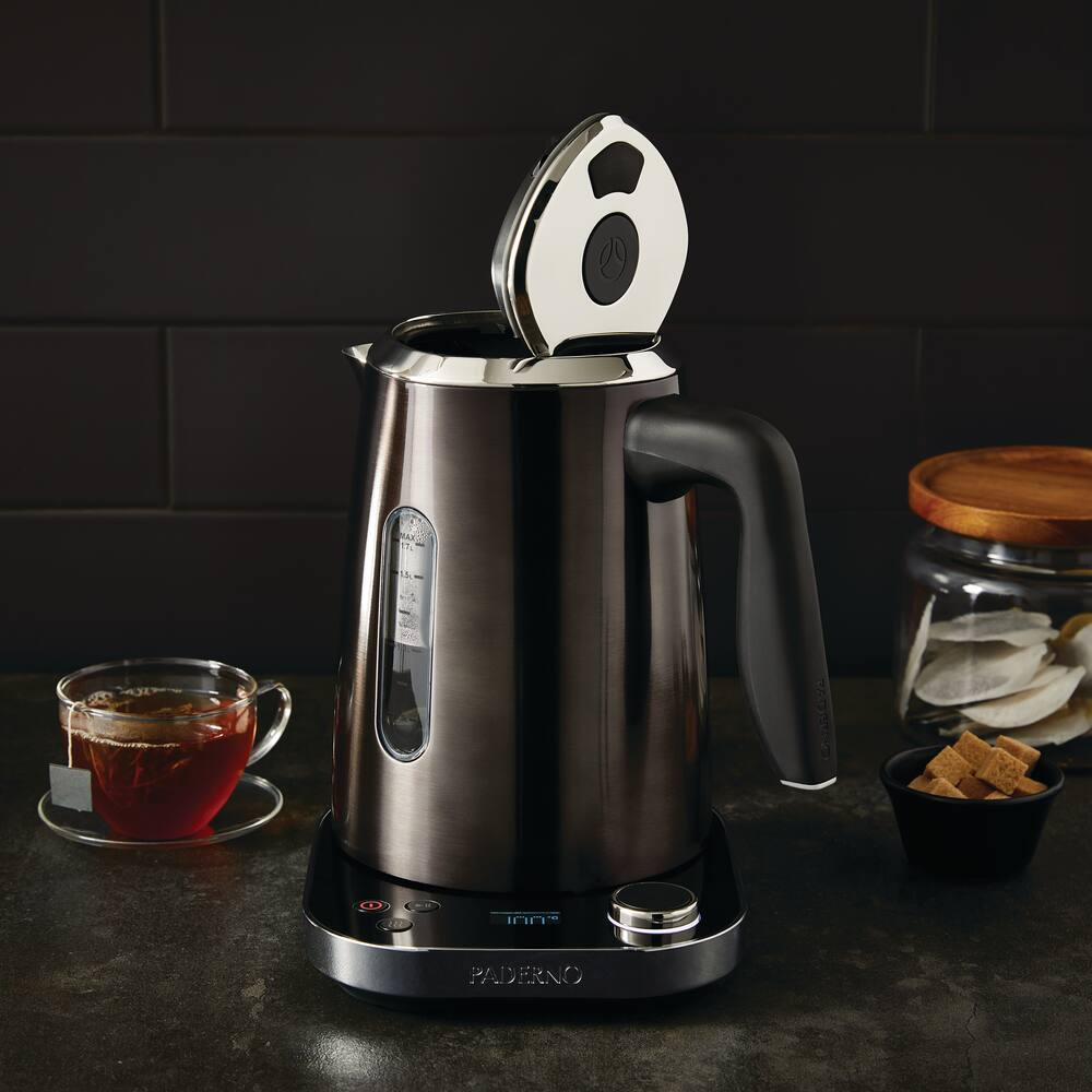 PADERNO Cordless Programmable Electric Kettle w/ Digital Display, Black Stainless Steel, 1.7L