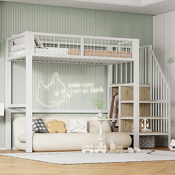Lit superposé 90x200 cm en métal avec échelle intégrée et placard, gain de place pour chambre enfant