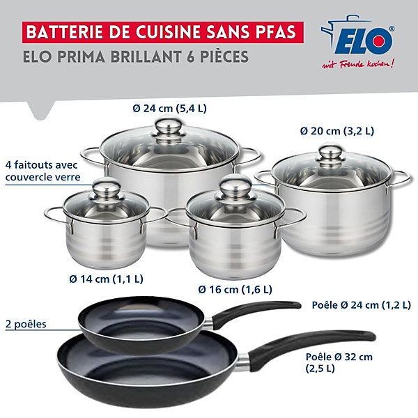 Ensemble de 2 Poêles de cuisson 24 et 32 cm et 4 faitouts 14, 16, 20 et 24 cm Elo Prima Brillant