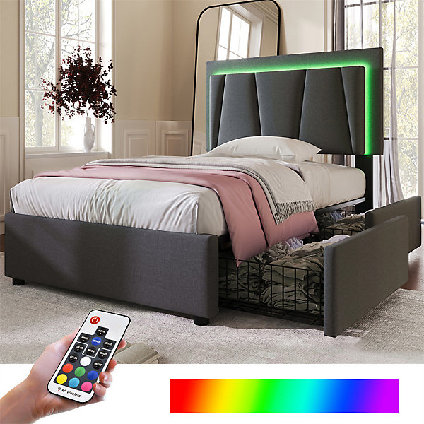 Lit adulte lit 90x200 cm lit rembourré lit eclairage led lit 2 tiroirs lit sommier à lattes en bois Single lin gris