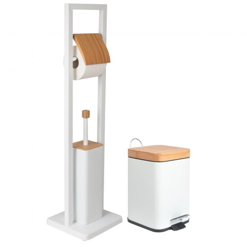 Yoka Home Zestaw łazienkowy 2w1 biały mat bambus: stojak WC 2w1   kosz 3 l