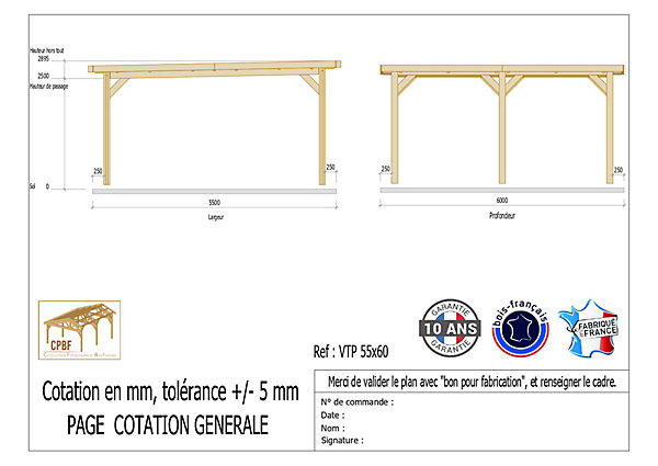 Carport toit plat, 550cmx600cm, bois DOUGLAS Français(Charpente en bois-auvent-abri voiture) 33 m².Garantie 10 ans