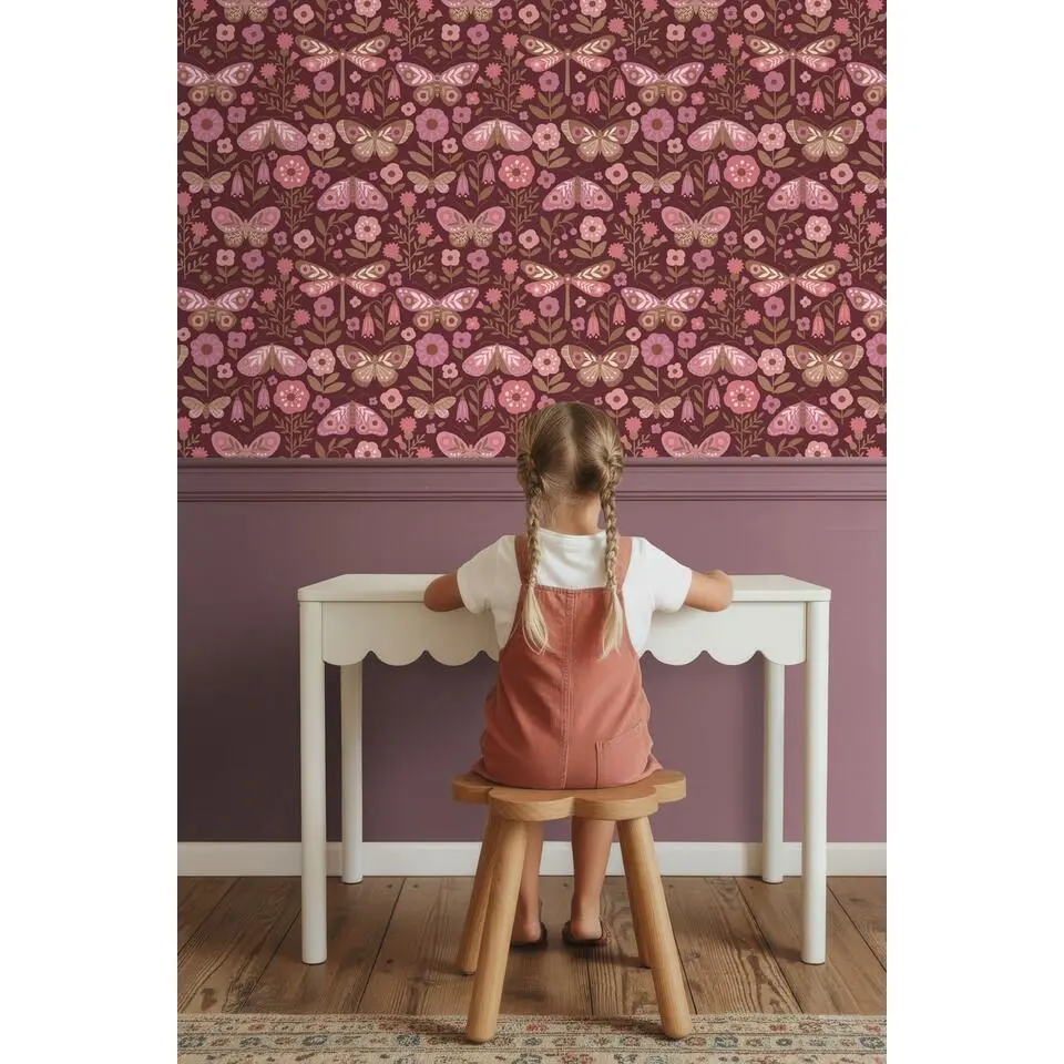 ESTAhome behang bloemen & vlinders donker paars en roze - 50 x 900 cm