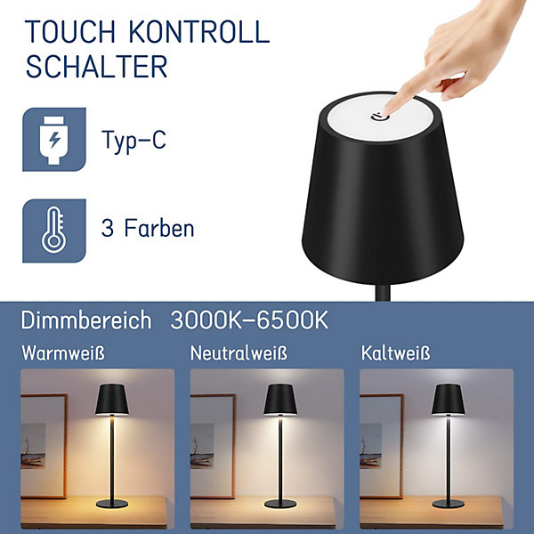 Lampe de table nettlife à piles, lampe de chevet sans fil - lampe de table led 2600 mha, lot de 2 à intensité variable usb