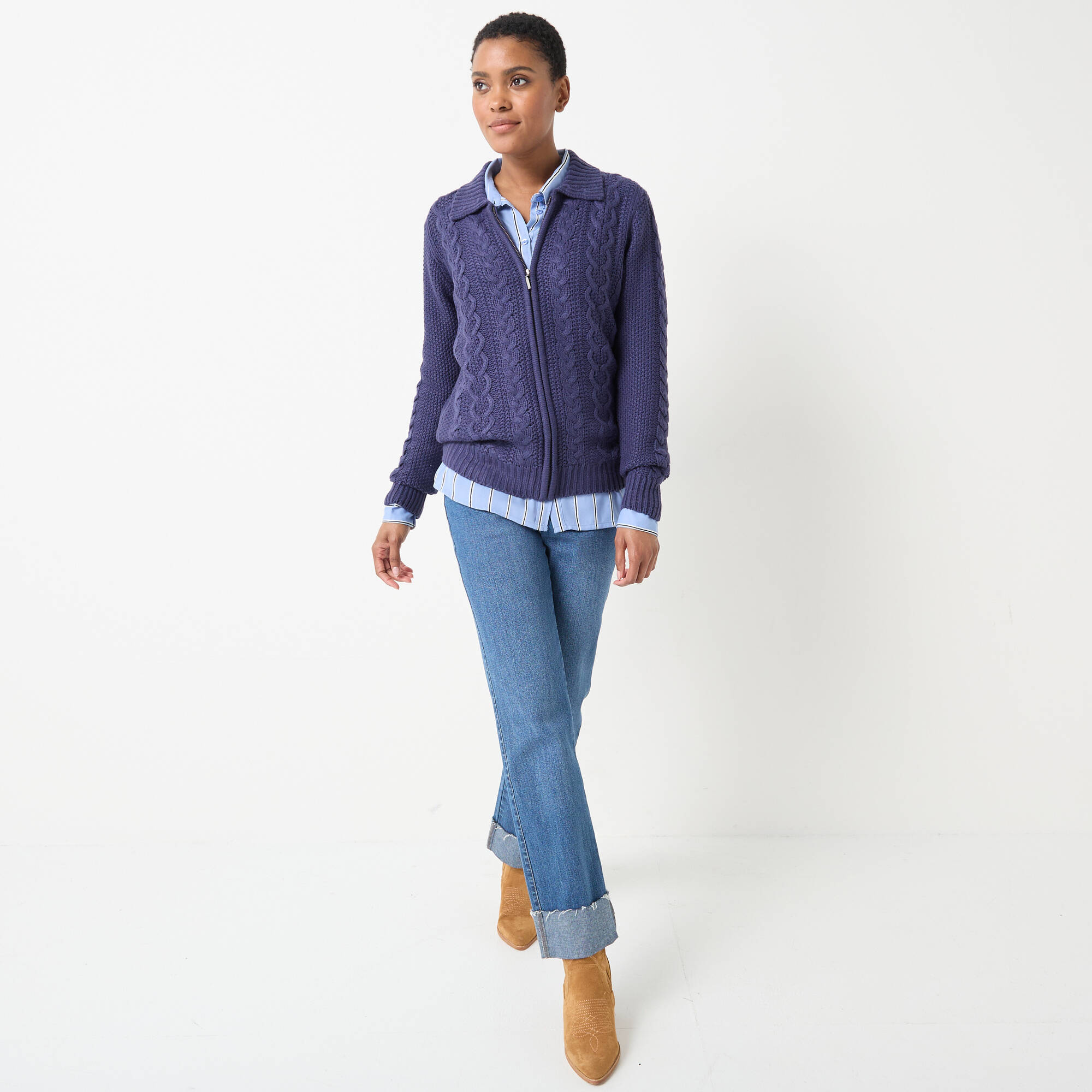 Gilet zippé col polo, maille torsadée