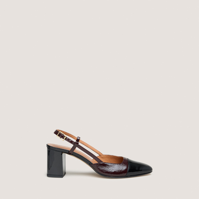 Slingbacks à talonsen cuir verni noir et vernis plissé bordeaux | DHAPOP