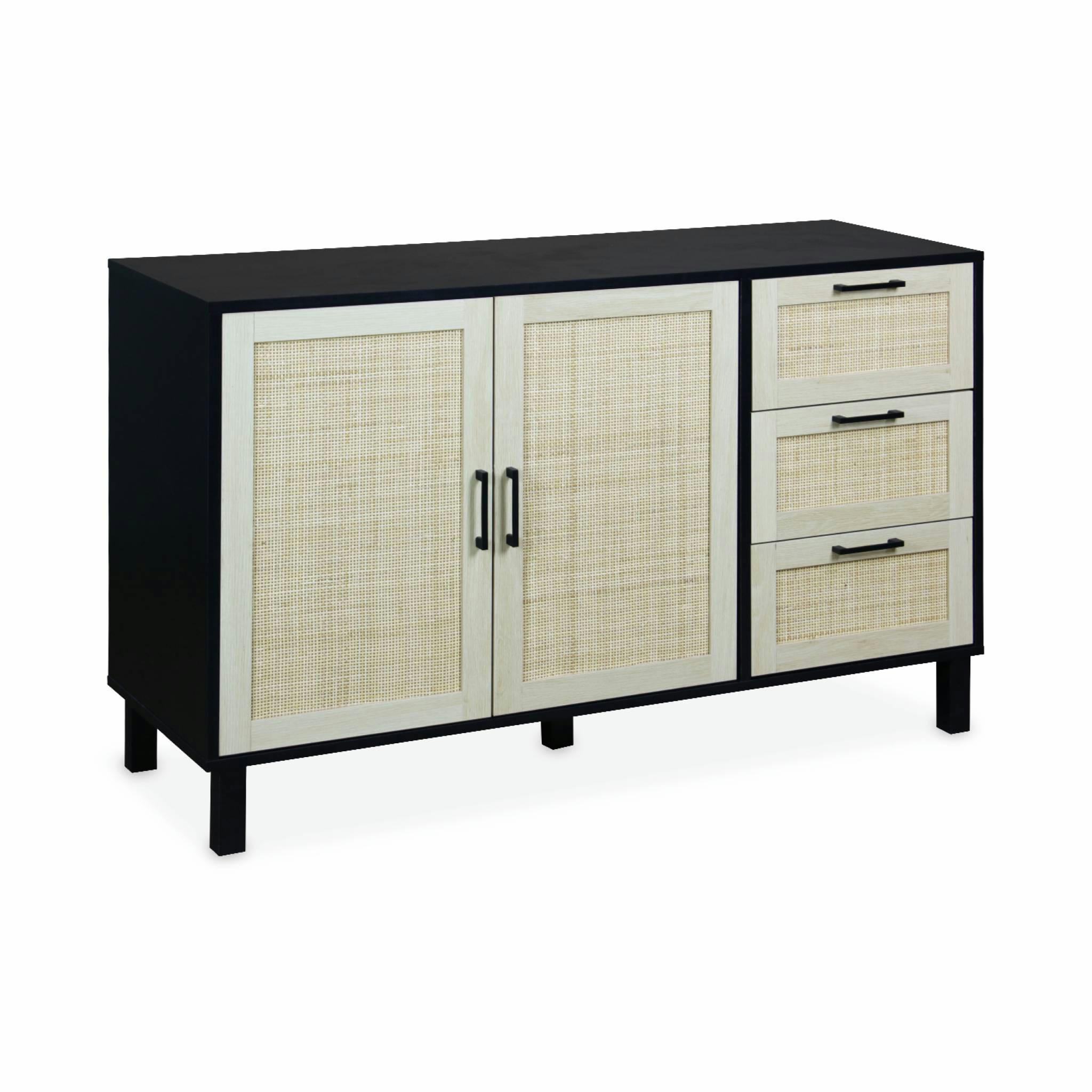 BIANCA - Buffet noir et cannage 120 x 40 x 75cm - 3 tiroirs, 2 portes