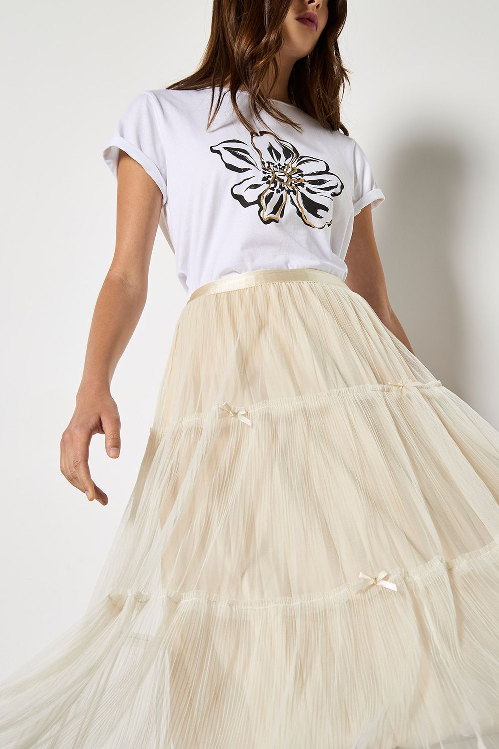 Apricot Bow Tiered Mesh Midi Skirt