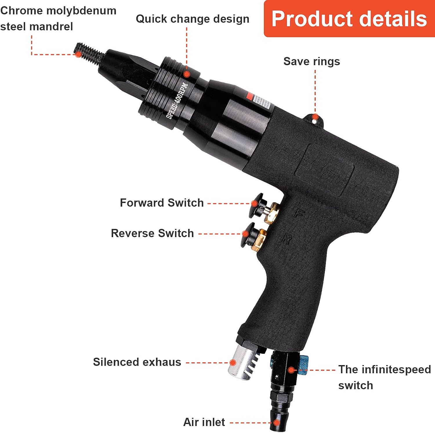 Clatoon Pneumatic Rivet Nut Gun with 10-24 & 1/4 & 5/16 & 3/8 Self-Locking Head, Adjustable Speed Air Rivet Gun, Air Rivet Nut Tool Kit with 4 Size Quick-Change, 6pcs Mandrels Included with Each Size