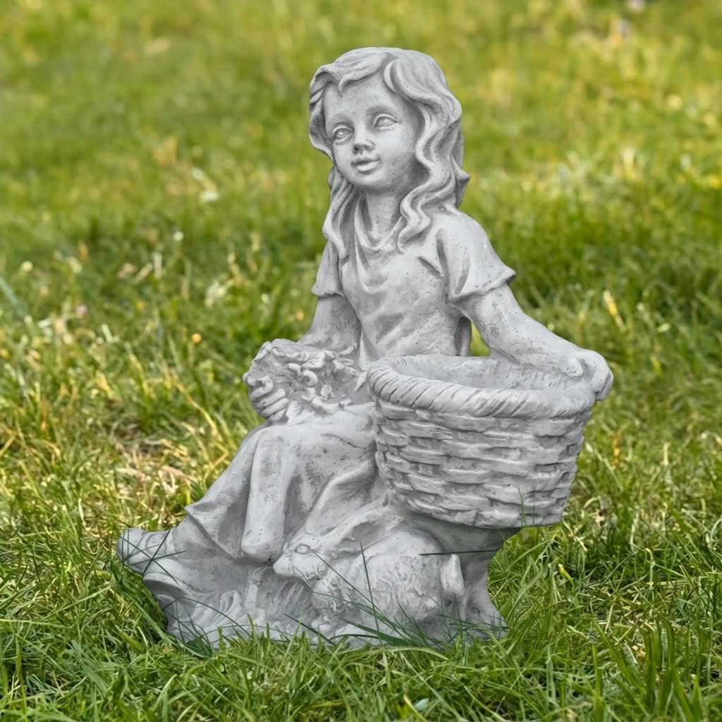 Cast Stone Girl Sculpture Cement Basket Figure Concrete Yard Statue Stone Garden Ornament Rabbit Sitting Patio Decor Housewarming Gift