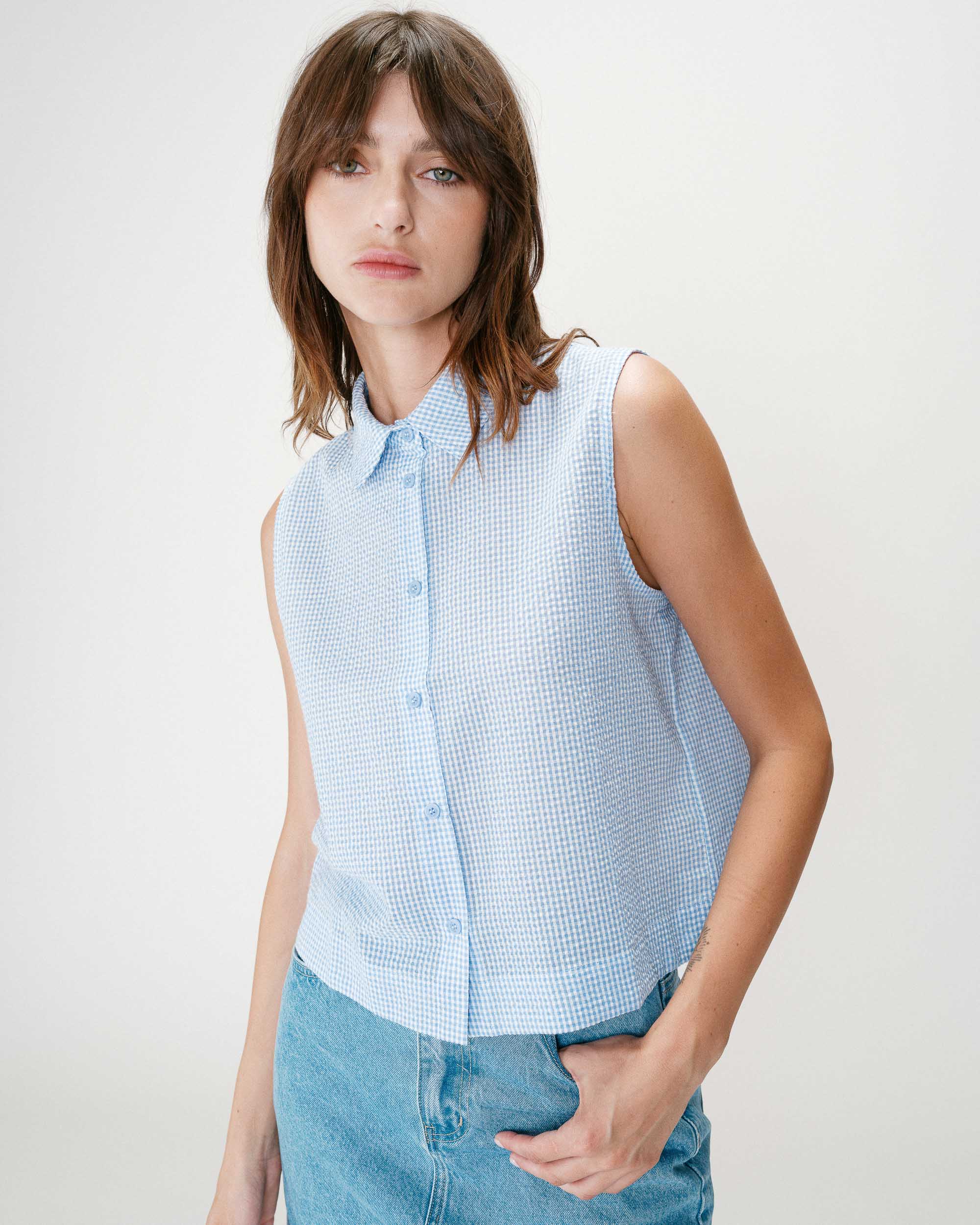 Chemise en coton vichy sans manches ciel Windell