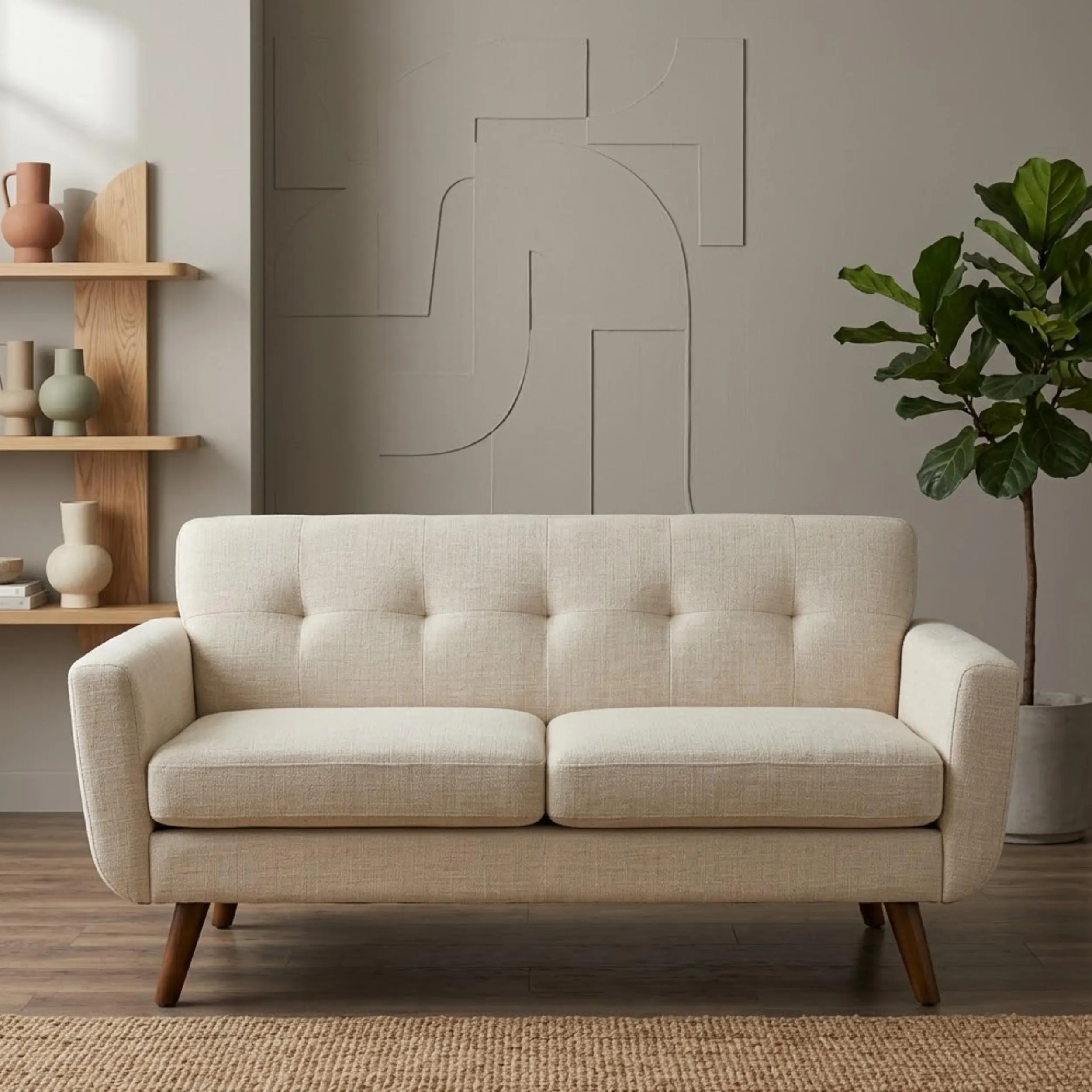 Mid-Century Modern Loveseat, Tufted Fabric Sofa, Comfortable Cushions, Wooden Legs