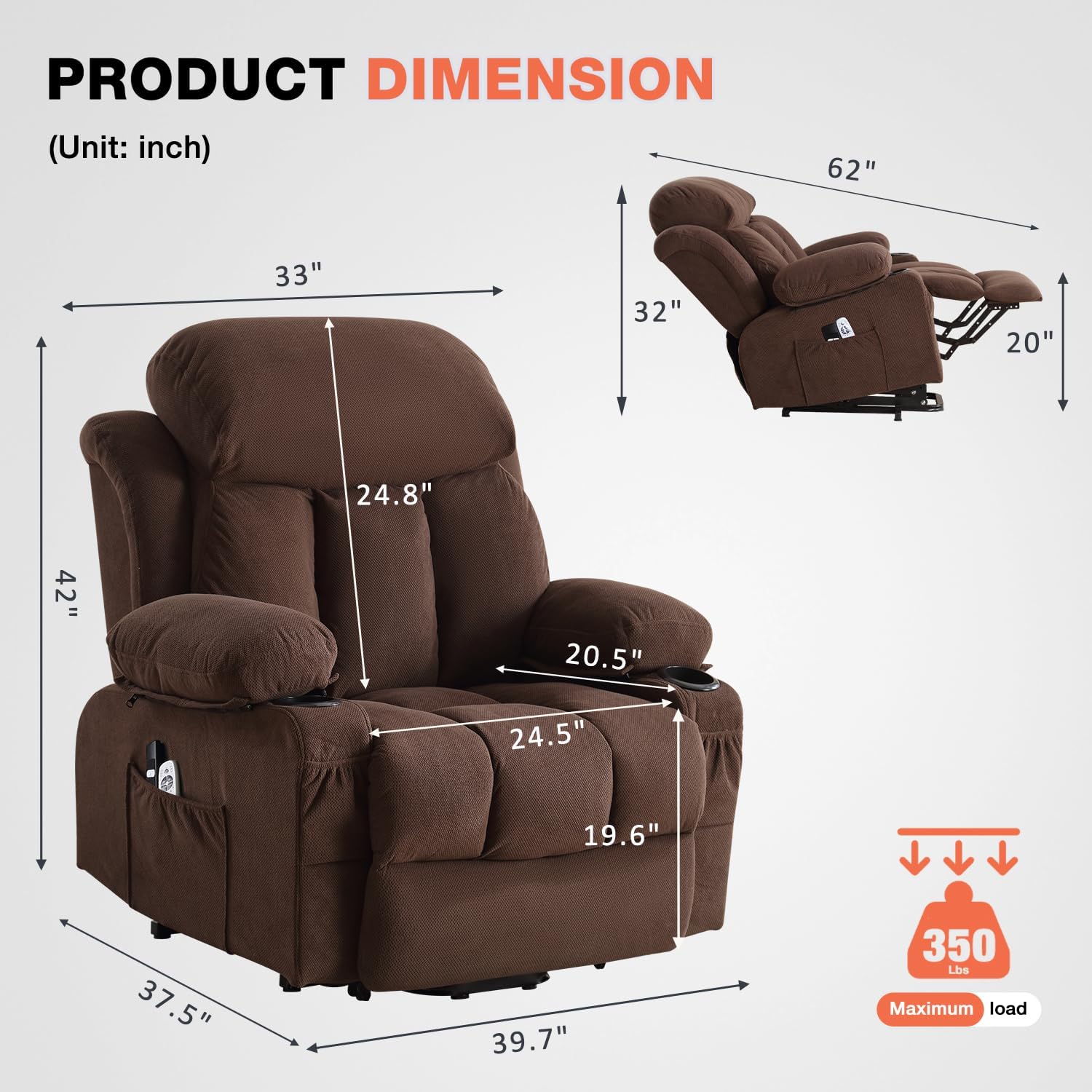 MAHOMICO Power Lift Recliner Chair for Elderly with Vibration Massage and Lumbar Heating, Electric Lift Recliner Single Sofa with Side Pocket, Two Cup Holders and USB Charge Port for Living Room