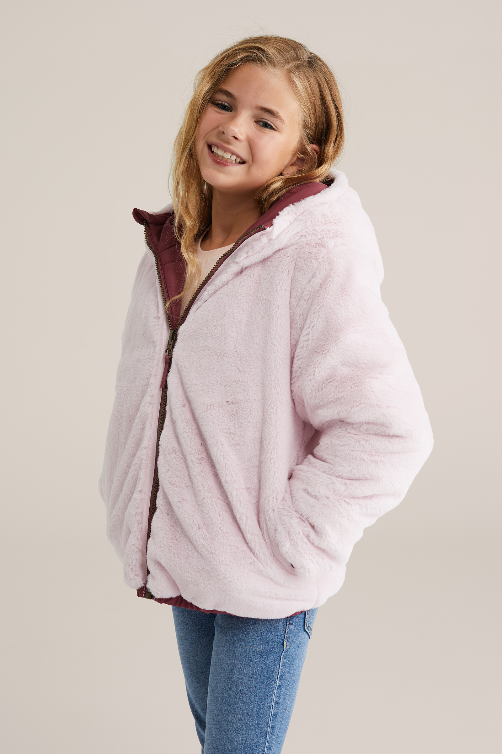 Meisjes reversible jas met imitatiebont